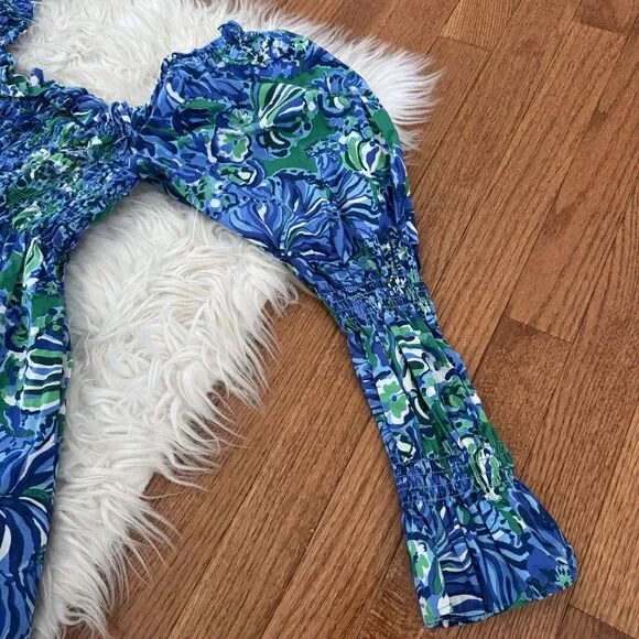 Lilly Pulitzer Beyonca Smocked Floral Mini Dress Women’s Small Blue Green Pocket - Picture 10 of 13